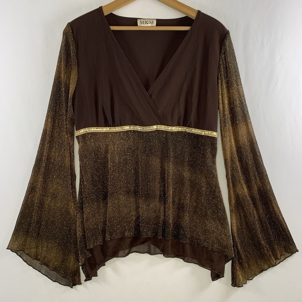 Womens Renaisssance Fairy Babydoll Top Sz L Brown Whimsigoth Sheer Mesh Ombre